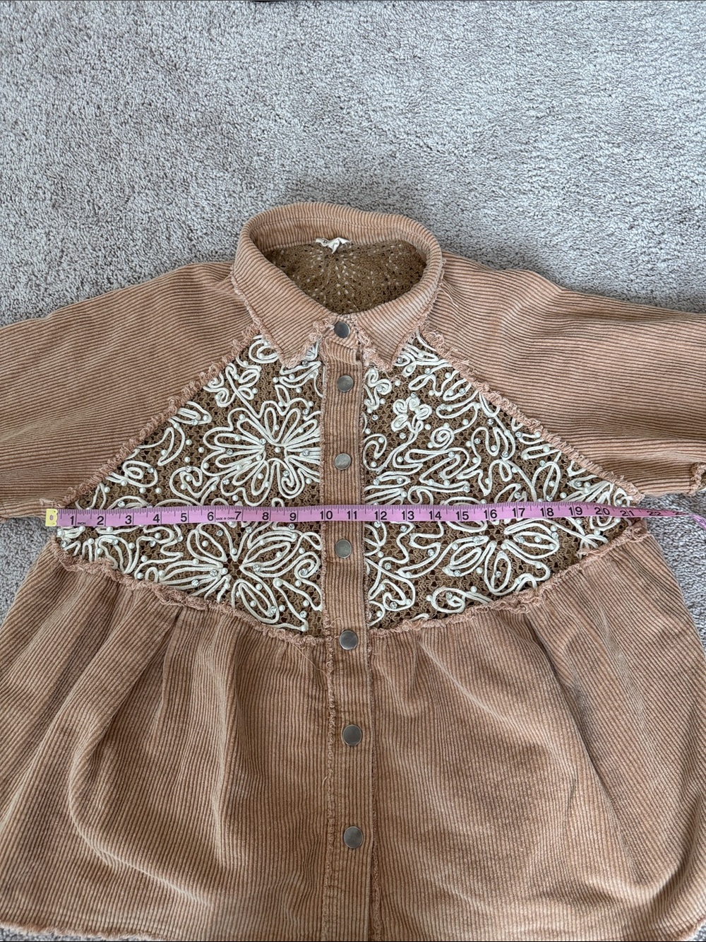POL Tan Corduroy Button-Down Shirt with Cream Lace Detail - Picture 15 of 16